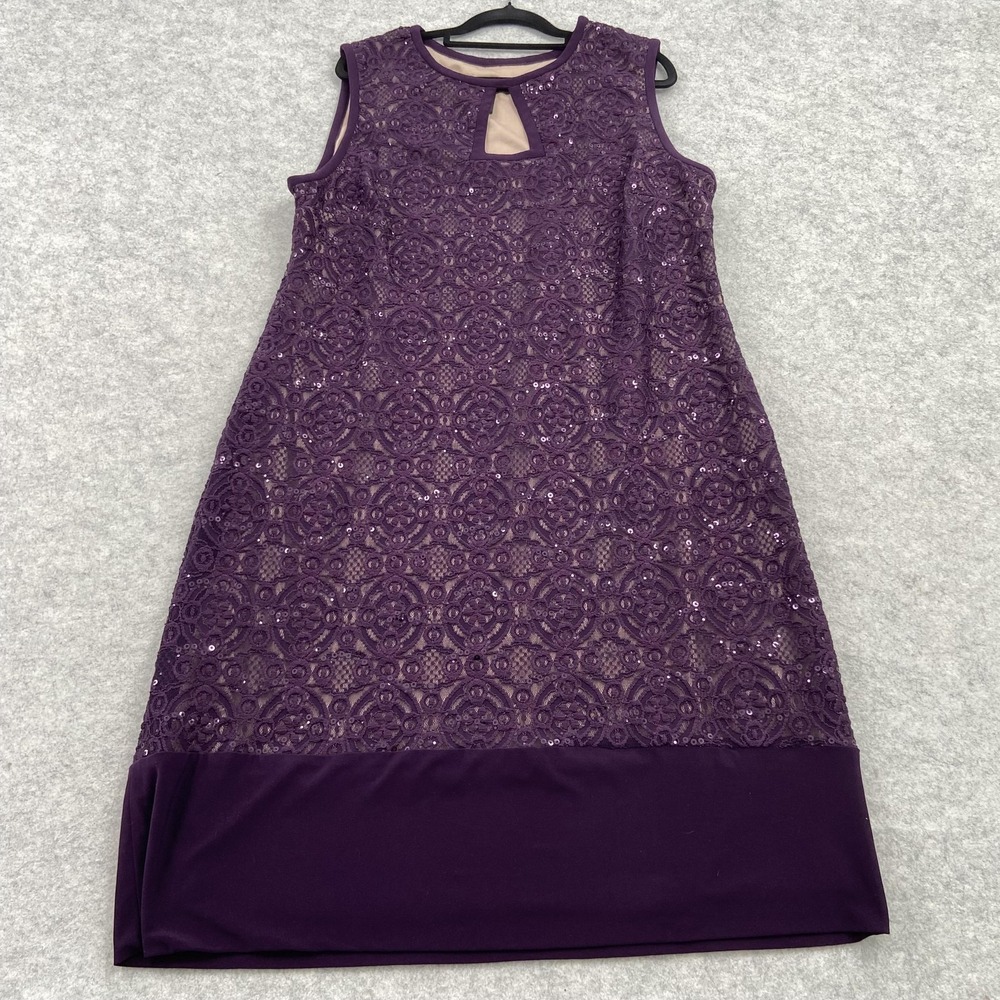 R&M Richards Dress Womens 16W Purple Lace Sequin Keyhole Shift Knee Cocktail